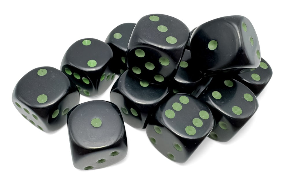 Opaque: 16mm d6 Black/green Dice Block (12 dice) | Dragon's Lair Comics and Fantasy Houston TX