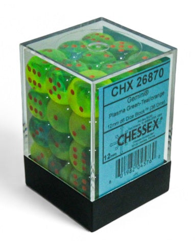 Gemini: 12mm d6 Plasma Green-Teal/orange Luminary Dice Block (36 dice) | Dragon's Lair Comics and Fantasy Houston TX