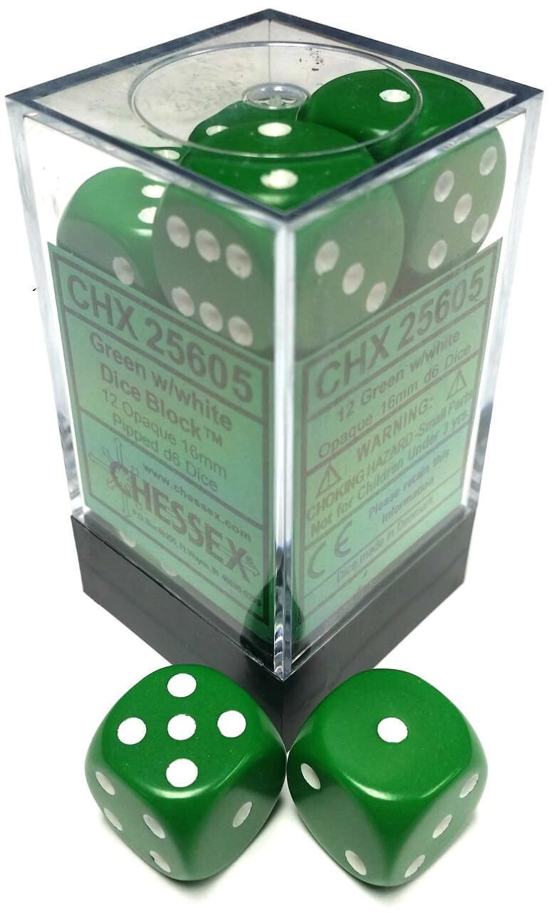 Opaque: 16mm D6 Green/White (12) | Dragon's Lair Comics and Fantasy Houston TX