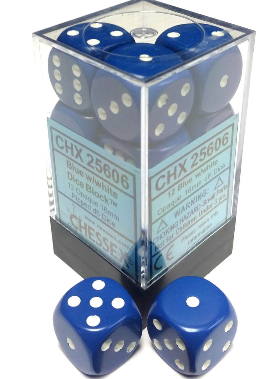 Opaque: 16mm D6 Blue/White (12) | Dragon's Lair Comics and Fantasy Houston TX