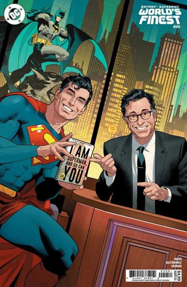 Batman Superman Worlds Finest #40 Cover D Dan Mora Stephen Colbert Celebrity Cameo Card Stock Variant | Dragon's Lair Comics and Fantasy Houston TX
