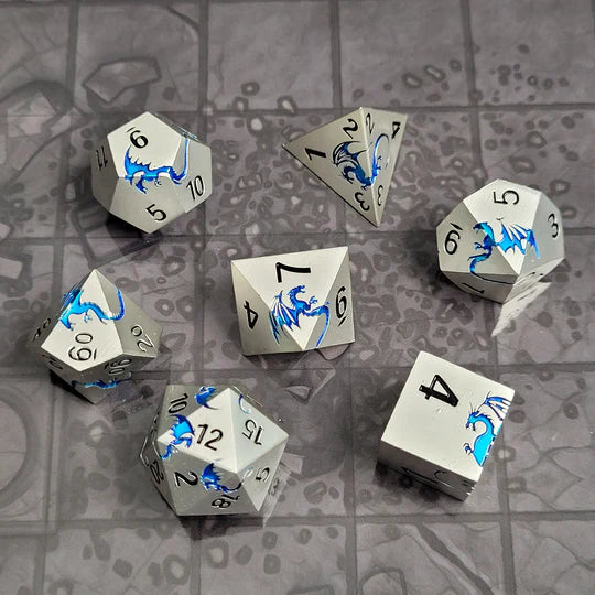 Forged Gaming Dragons Flight Matte Silver Blue Metal RPG Dice Set of 7 | Odin's Place