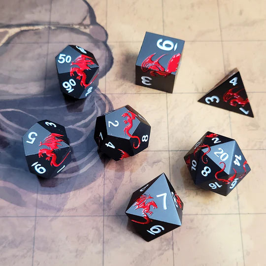 Forged Gaming Dragons Flight Matte Gun Metal Red Metal RPG Dice Set of 7 | Dragon's Lair Comics and Fantasy Houston TX