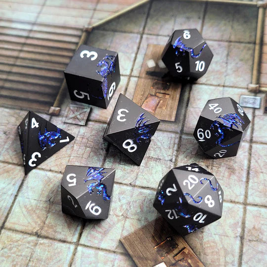 Forged Gaming Dragons Flight Matte Gun Metal Blue Glitter Metal RPG Dice Set of 7 | Odin's Place