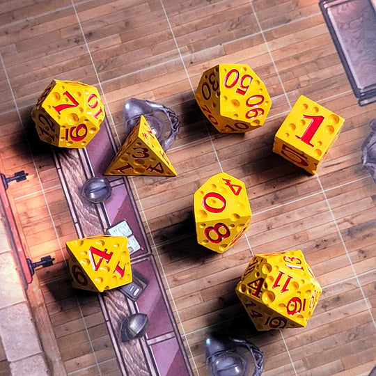 Forged Gaming: Cheese Red Number Metal RPG Dice Set of 7 | Odin's Place