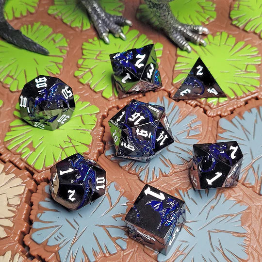 Forged Gaming Dragon Attack Gunmetal Gloss Blue Metal RPG Dice Set of 7 | Odin's Place