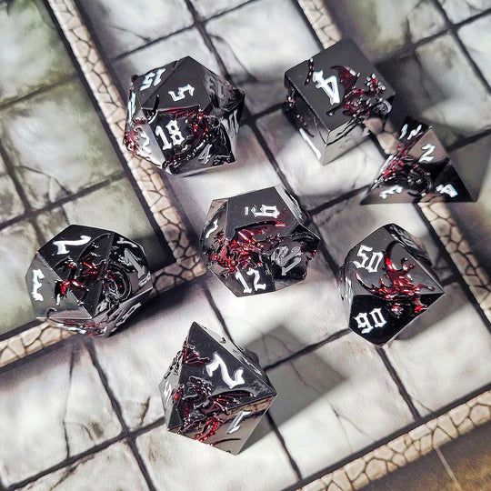 Forged Gaming Dragon Attack Gunmetal Gloss Red Metal RPG Dice Set of 7 | Odin's Place