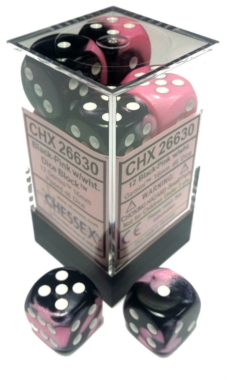 Chessex Gemini 2: 16mm D6 Black with Pink and White (12) | Dragon's Lair Comics and Fantasy Houston TX