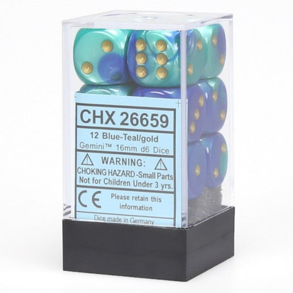 Chessex 26659 Gemini: 16mm D6 Block Blue and Teal with Gold | Dragon's Lair Comics and Fantasy Houston TX