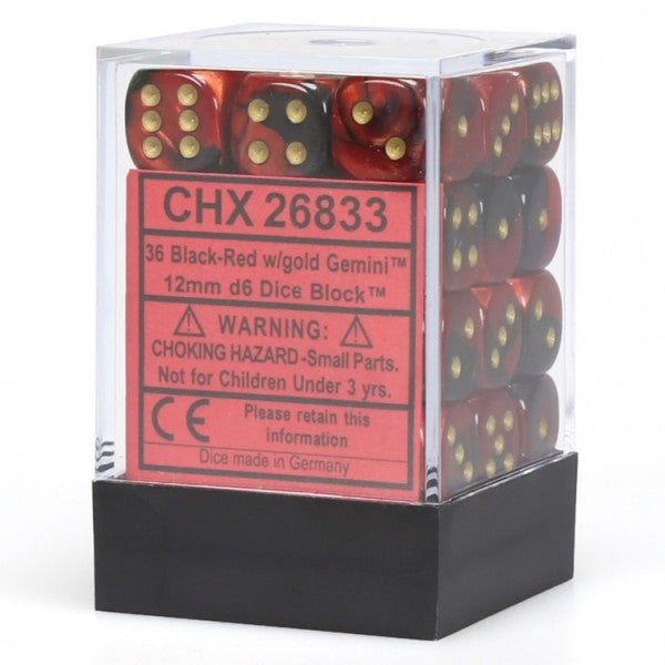 Chessex 26833 Gemini: 12mm D6 Block Black and Red with Gold and Black | Dragon's Lair Comics and Fantasy Houston TX