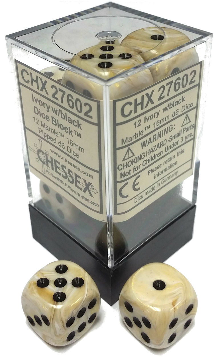 Chessex 27602 Marble 16mm D6 Ivory/Black (12) | Dragon's Lair Comics and Fantasy Houston TX