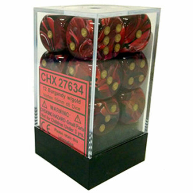 Chessex 27753 Vortex: 16mm D6 Burgundy/Gold/Black (12) | Dragon's Lair Comics and Fantasy Houston TX