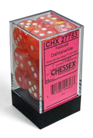 Chessex 27753 Festive: 16mm d6 Dahlia/white Luminary Dice Block (12 dice) | Dragon's Lair Comics and Fantasy Houston TX