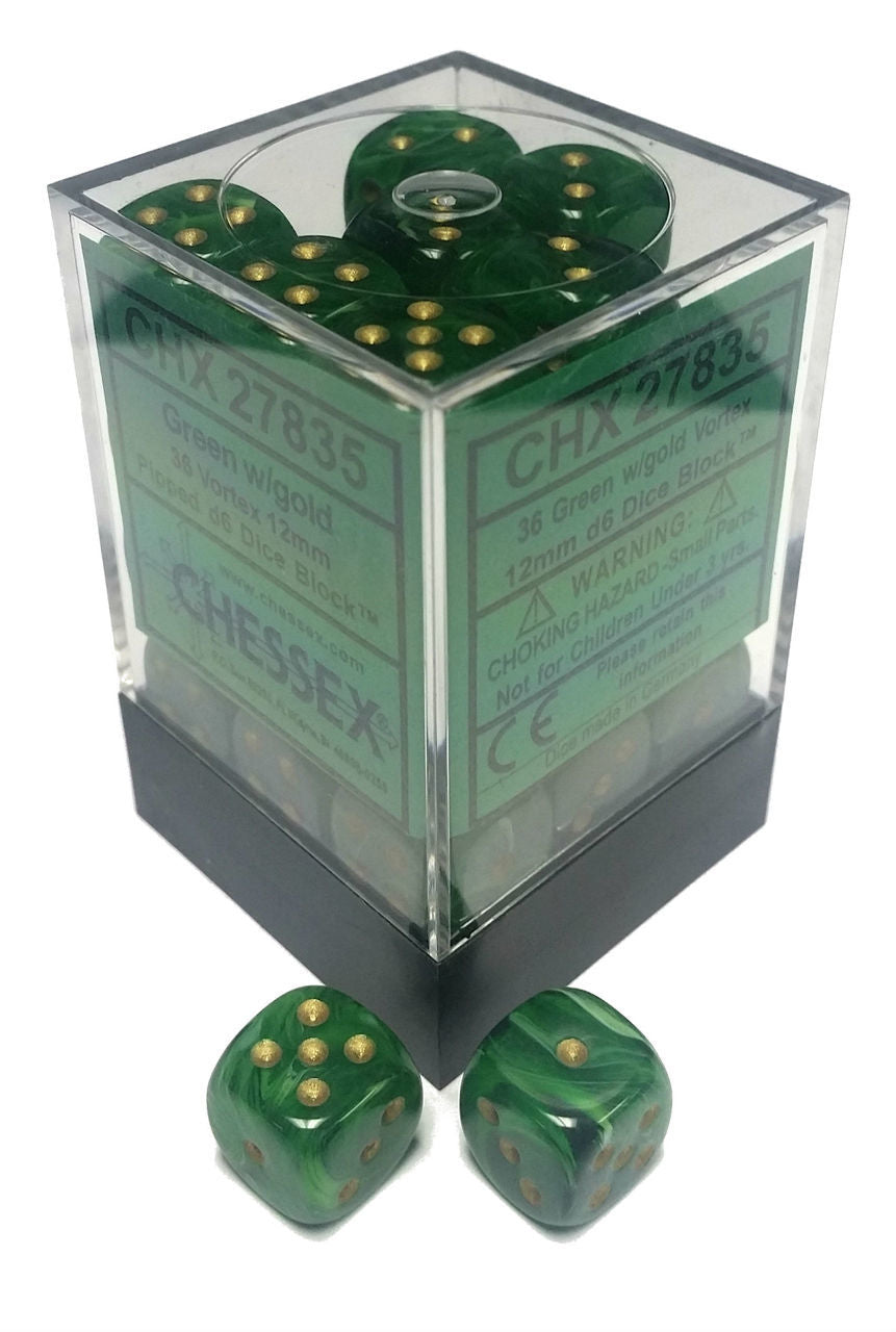Chessex Vortex: 12mm D6 Green/Gold/Black 36 ct | Dragon's Lair Comics and Fantasy Houston TX