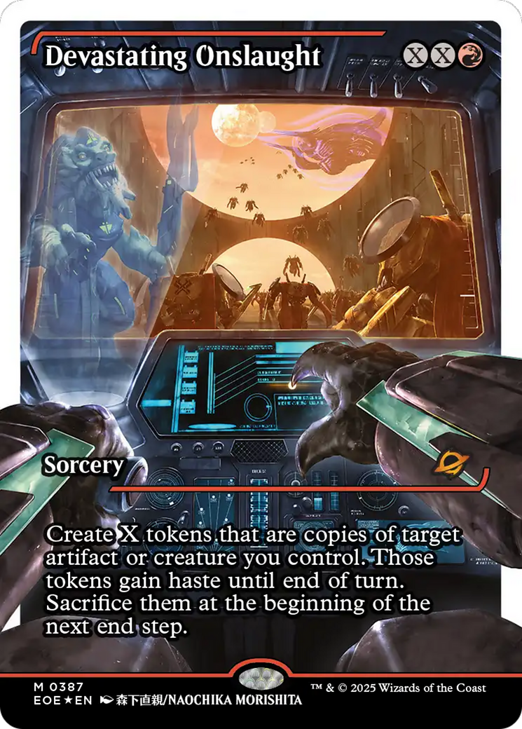 Devastating Onslaught (0387) (Showcase) (Fracture Foil) [Edge of Eternities] | Dragon's Lair Comics and Fantasy Houston TX