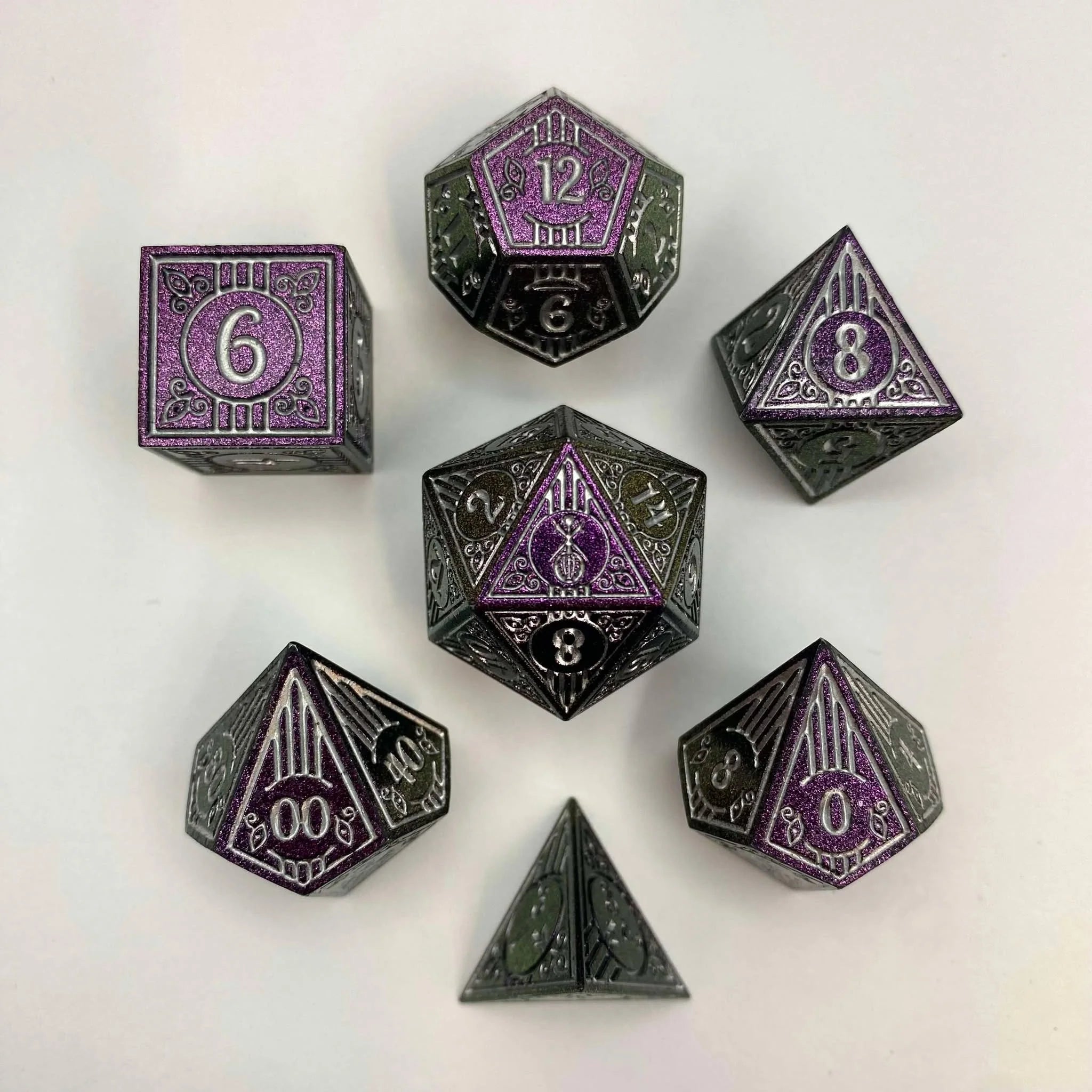 HYMGHO - Solid Metal Bard RPG Dice Set - Glitter Purple w/Silver | Dragon's Lair Comics and Fantasy Houston TX