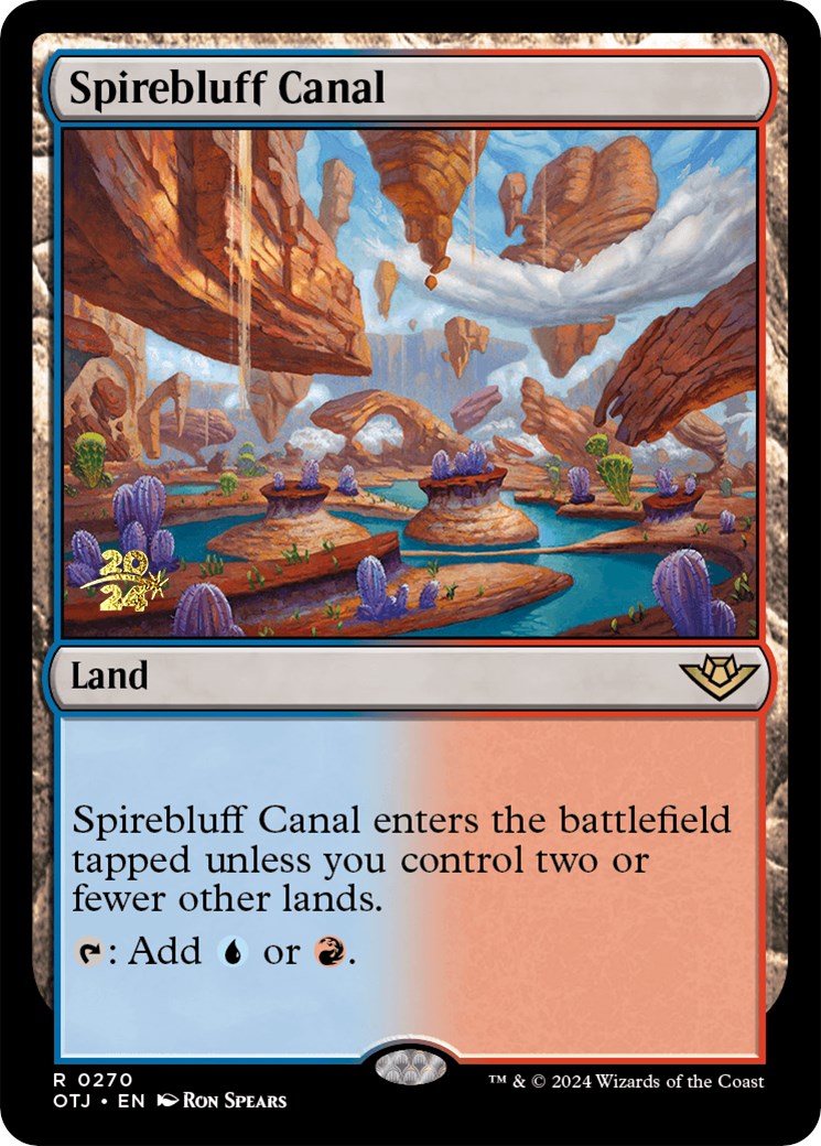 Spirebluff Canal (OTJ) [Outlaws of Thunder Junction Prerelease Promos] | Dragon's Lair Comics and Fantasy Houston TX