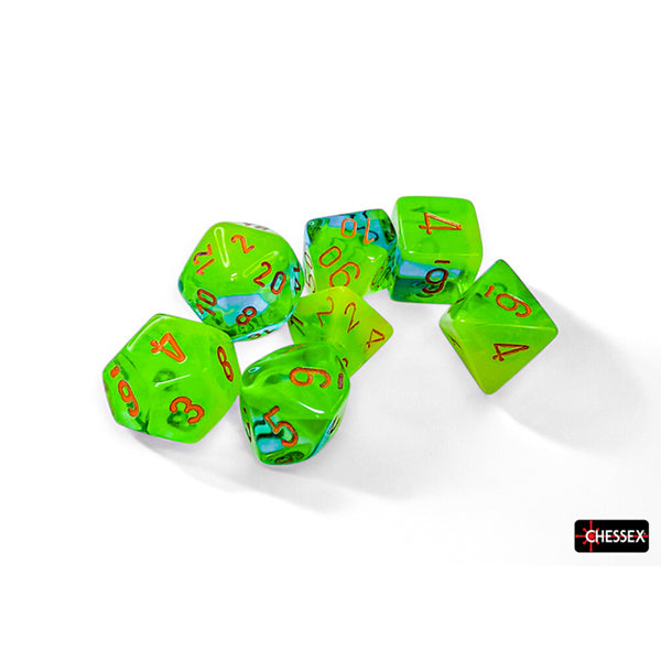 Chessex 26470 Poly 7 Gemini: Plasma Green and Teal with Orange | Dragon's Lair Comics and Fantasy Houston TX