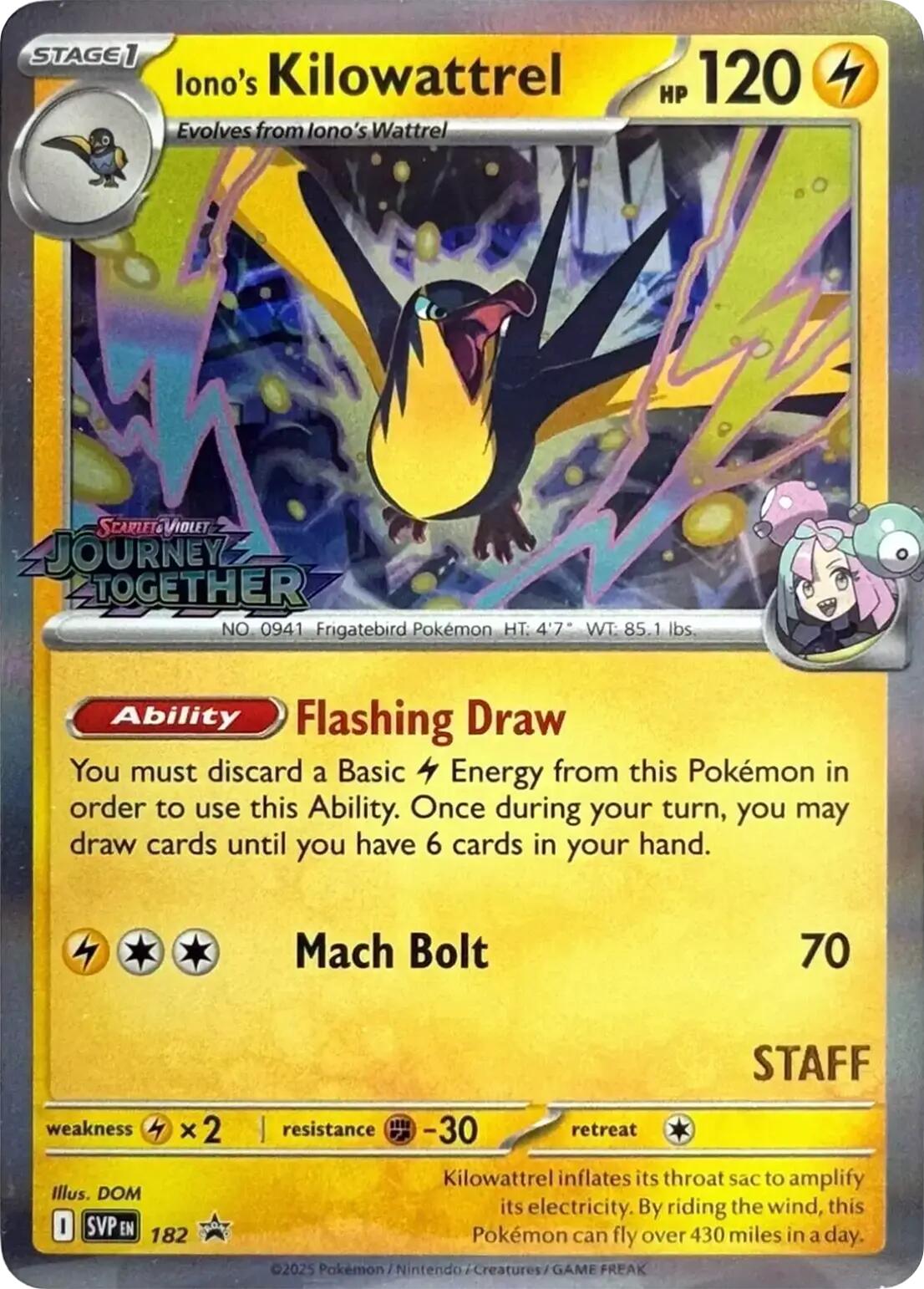 Iono's Kilowattrel (182) (Prerelease Staff) [Scarlet & Violet: Black Star Promos] | Dragon's Lair Comics and Fantasy Houston TX