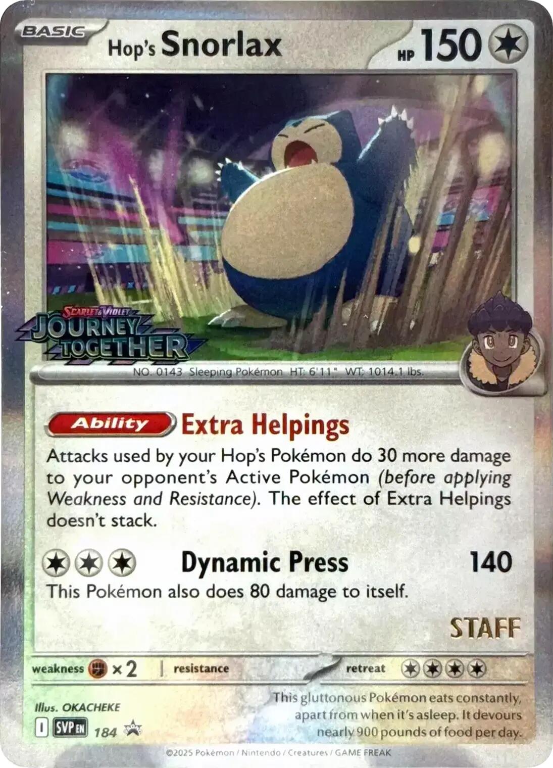 Hop's Snorlax (184) (Prerelease Staff) [Scarlet & Violet: Black Star Promos] | Dragon's Lair Comics and Fantasy Houston TX