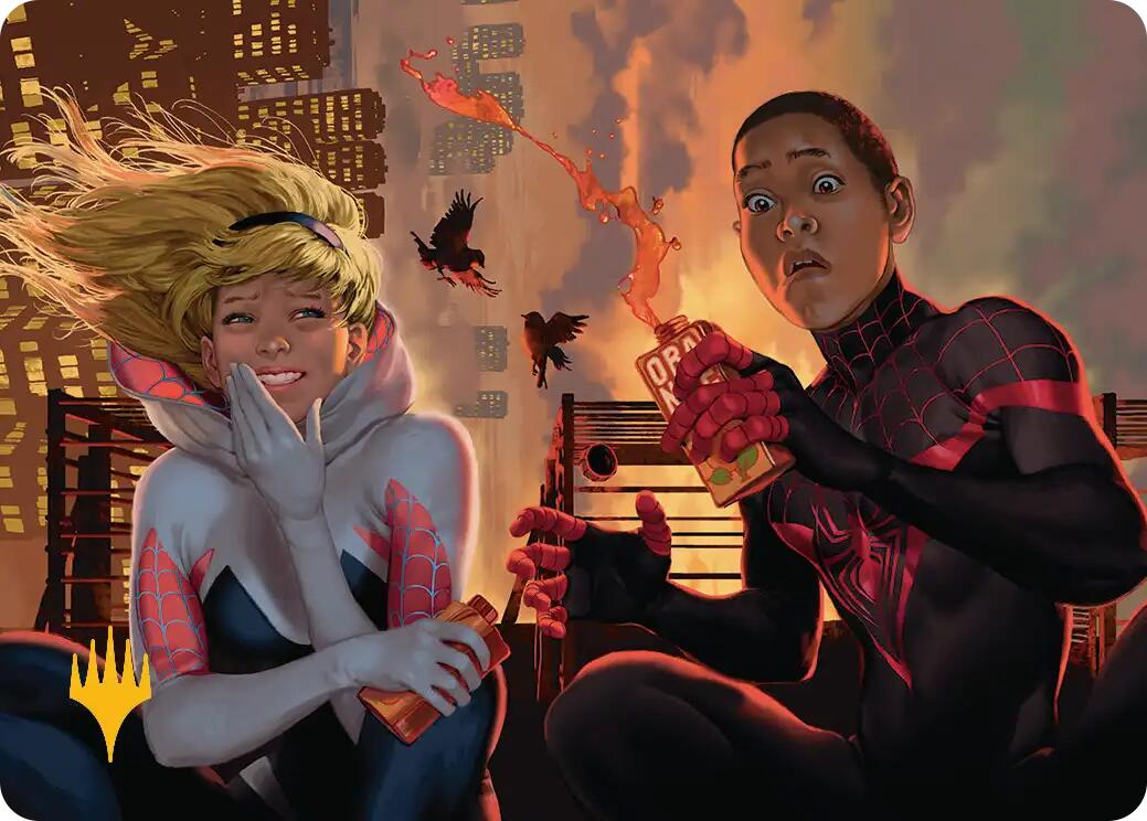 Heroes' Hangout Art Card (Gold-Stamped Planeswalker Symbol) [Marvel's Spider-Man Art Series] | Dragon's Lair Comics and Fantasy Houston TX