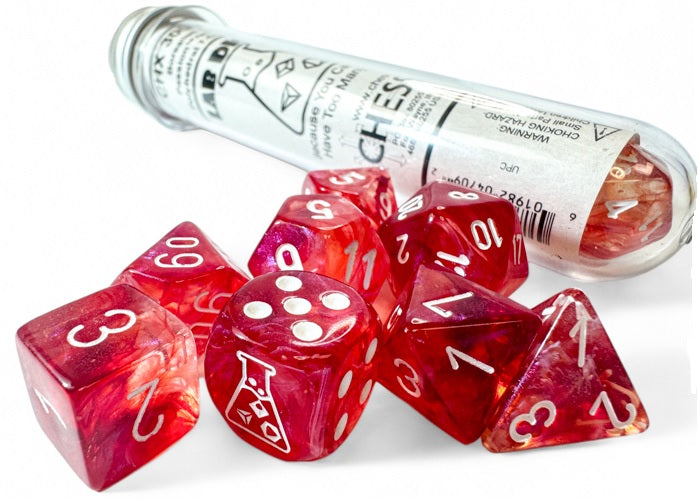 Chessex Lab Dice 9: Borealis Passion/white Luminary Polyhedral 7-Die Set (with bonus die) | Dragon's Lair Comics and Fantasy Houston TX