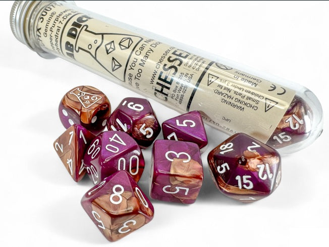Chessex Lab Dice 9: Gemini Copper-Purple/white Polyhedral 7-Die Set (with bonus die) | Dragon's Lair Comics and Fantasy Houston TX