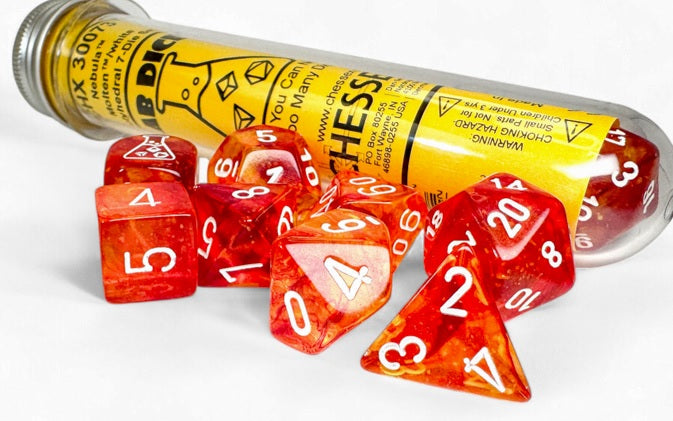 Chessex Lab Dice 9: Nebula Molten/white Polyhedral 7-Die Set (with bonus die) | Dragon's Lair Comics and Fantasy Houston TX