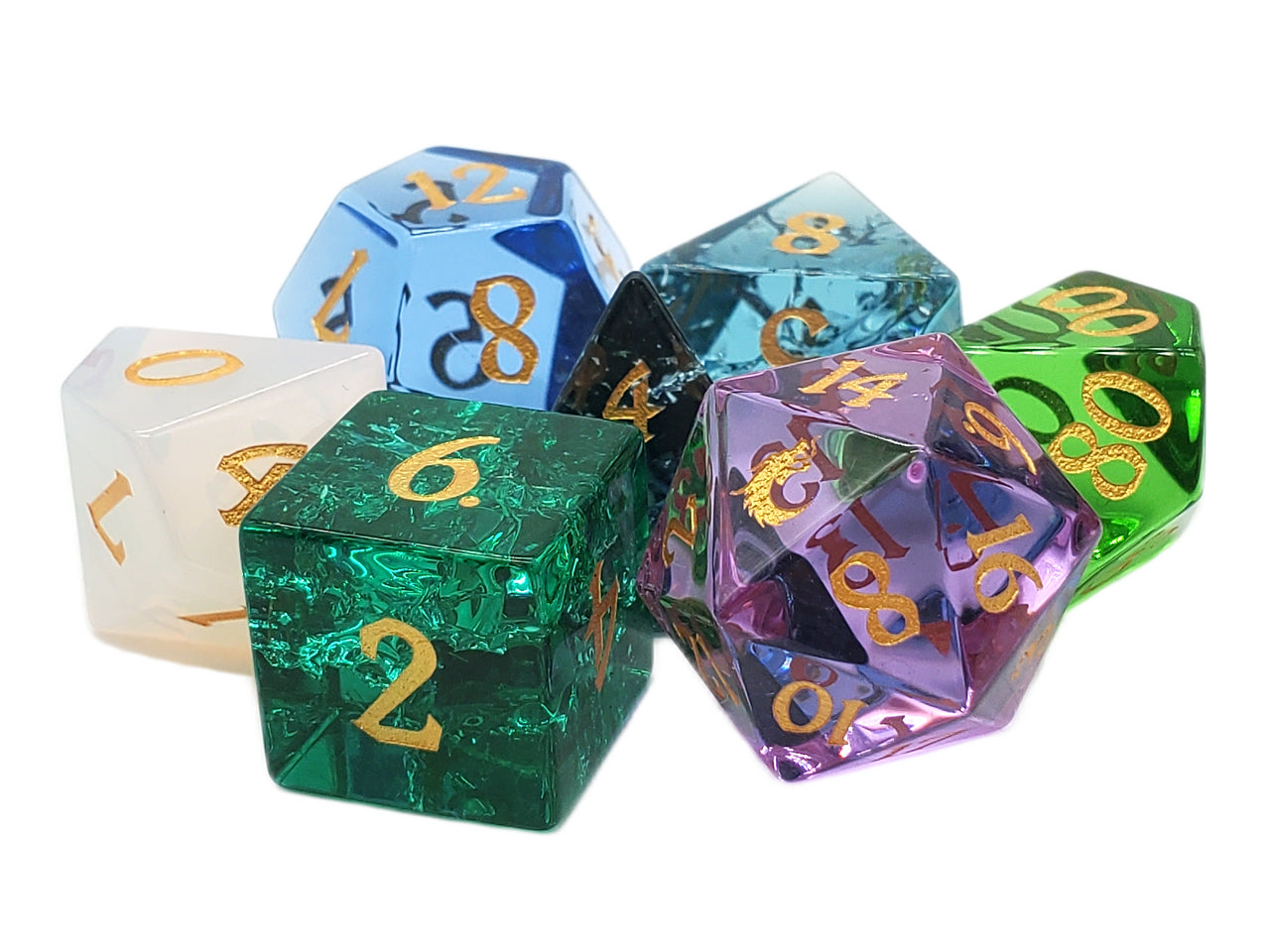 Old School Dice: Gemstone 7-Piece Set - 7 Color Glass | Dragon's Lair Comics and Fantasy Houston TX