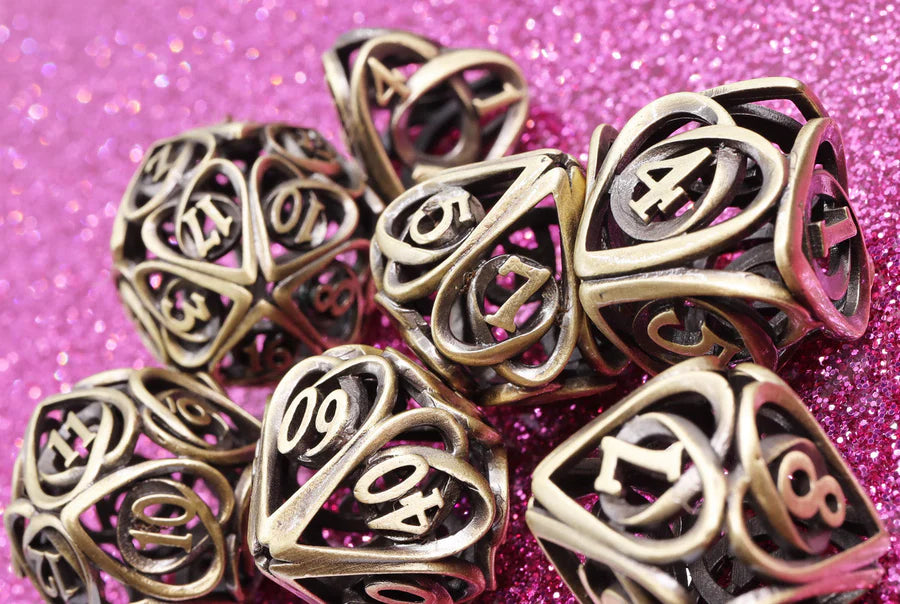 Foam Brain Hollow Hearts - Antique Bronze Hollow Metal RPG Dice Set | Dragon's Lair Comics and Fantasy Houston TX