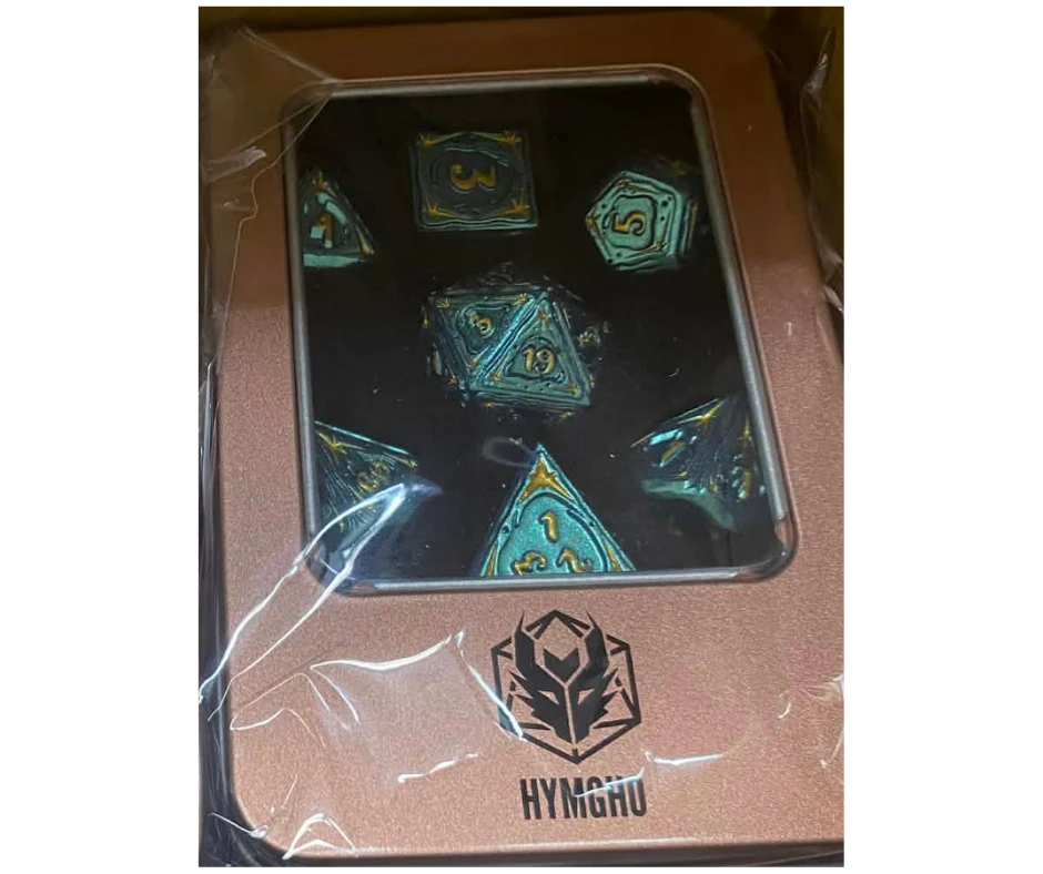 HYMGHO - Solid Metal Sorcerer RPG Dice Set - Teal w/Gold | Odin's Place