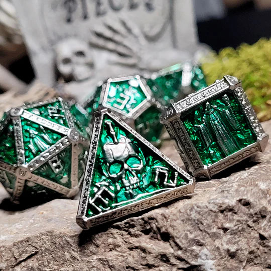 Forged Gaming Cryptic Reliquary Silver Green Metal Poly 7 Dice Set | Dragon's Lair Comics and Fantasy Houston TX