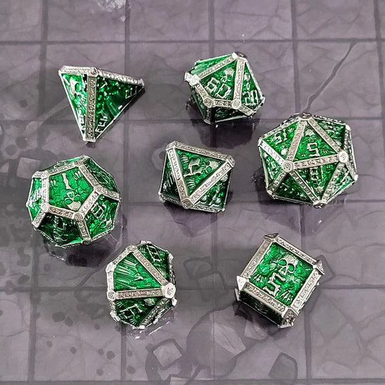 Forged Gaming Cryptic Reliquary Silver Green Metal Poly 7 Dice Set | Dragon's Lair Comics and Fantasy Houston TX