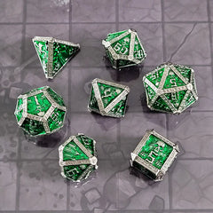 Forged Gaming Cryptic Reliquary Silver Green Metal Poly 7 Dice Set | Dragon's Lair Comics and Fantasy Houston TX