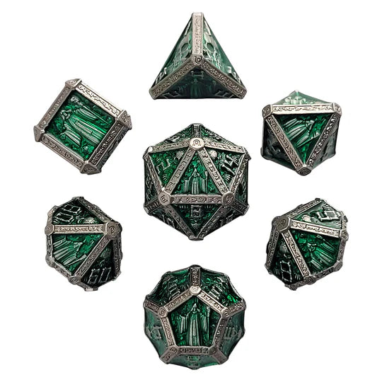 Forged Gaming Cryptic Reliquary Silver Green Metal Poly 7 Dice Set | Dragon's Lair Comics and Fantasy Houston TX