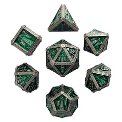Forged Gaming Cryptic Reliquary Silver Green Metal Poly 7 Dice Set | Dragon's Lair Comics and Fantasy Houston TX