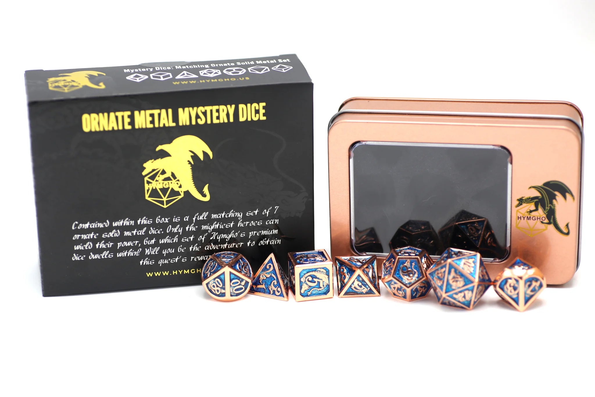 HYMGHO - Mystery Set of 7 Matching Ornate Solid Metal Polyhedral RPG Dice | Dragon's Lair Comics and Fantasy Houston TX