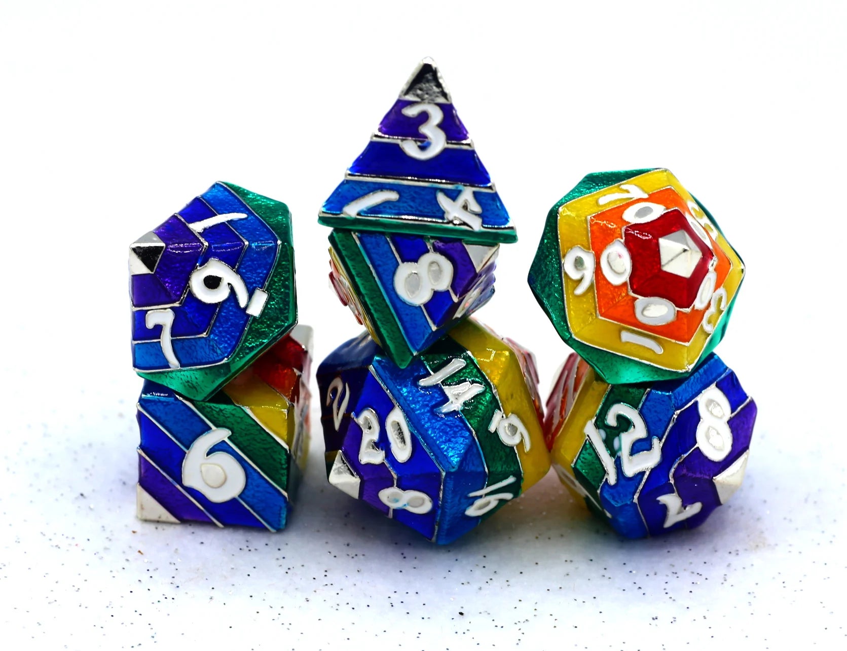 HYMGHO - Solid Metal Rainbow Pride Dice Set - Silver with White Lettering | Dragon's Lair Comics and Fantasy Houston TX