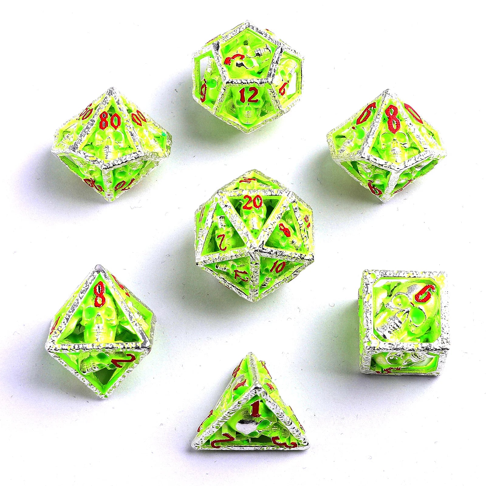 HYMGHO - Skull's Grin Hollow Metal Dice Set - Glow in the Dark - Green | Dragon's Lair Comics and Fantasy Houston TX