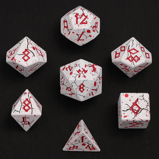 HYMGHO - Barbarian Solid Metal Polyhedral Dice Set - Matte White with Blood Red | Odin's Place