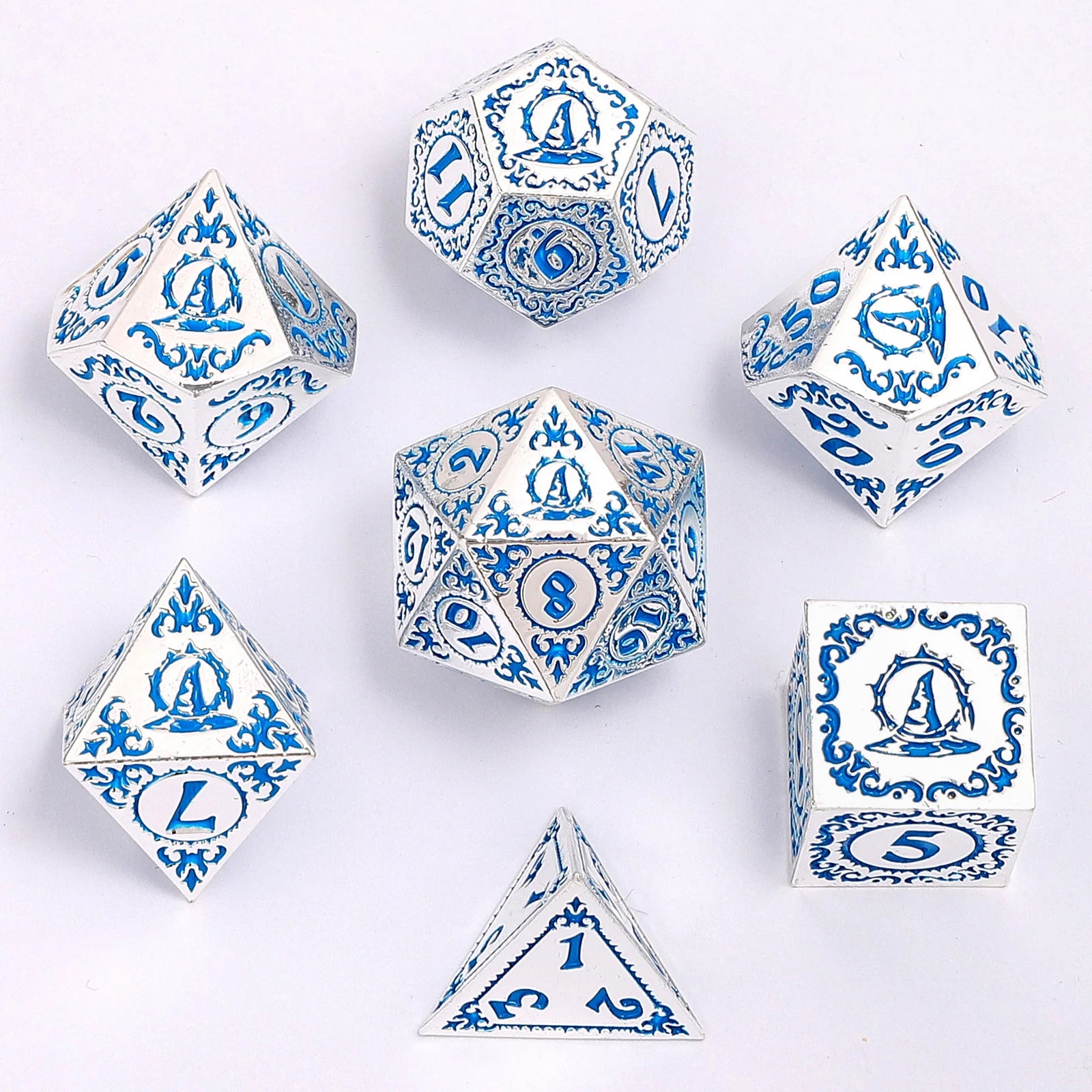 HYMGHO - Solid Metal Wizard Polyhedral Dice Set - Silver with Blue | Dragon's Lair Comics and Fantasy Houston TX