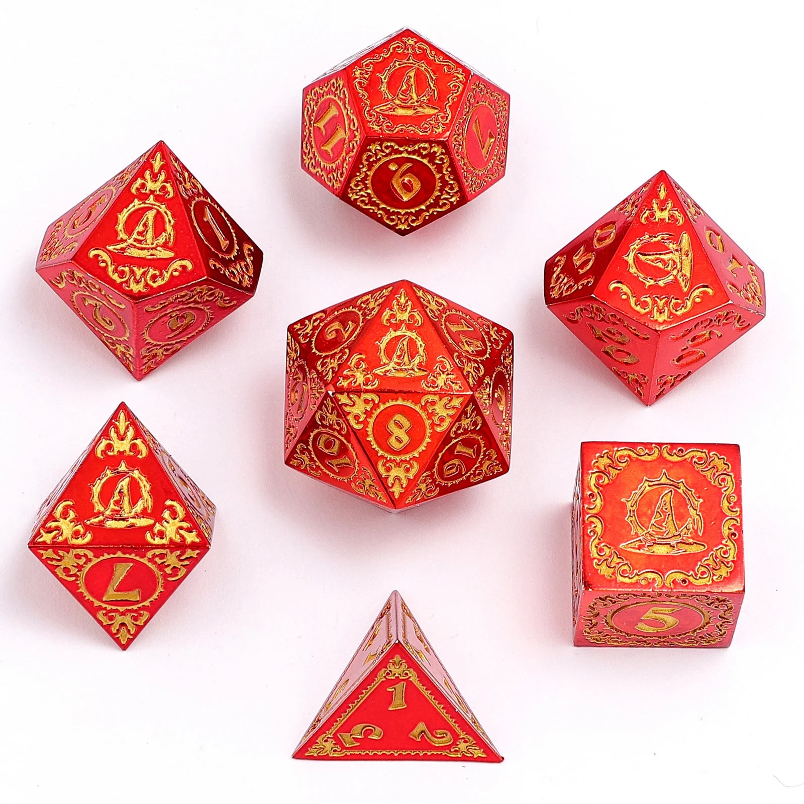 HYMGHO - Solid Metal Wizard Polyhedral Dice Set - Red with Gold | Dragon's Lair Comics and Fantasy Houston TX