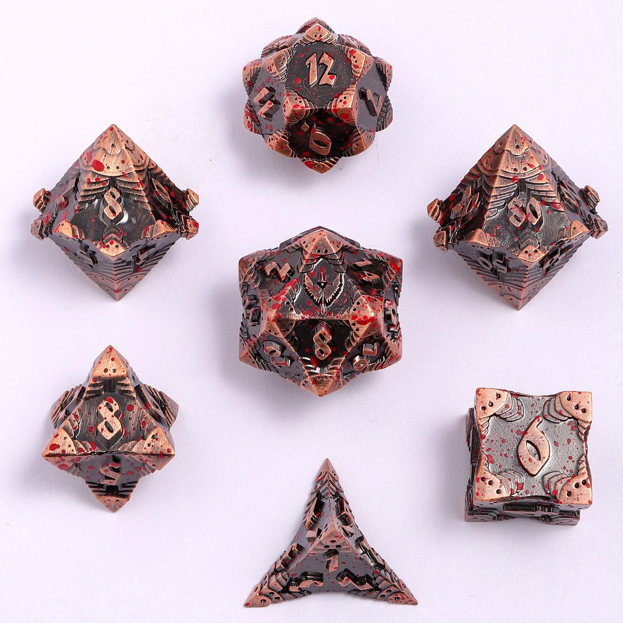 HYMGHO - Solid Metal Paladin Class RPG Dice Set - Ancient Copper w/ Blood Splatter | Odin's Place