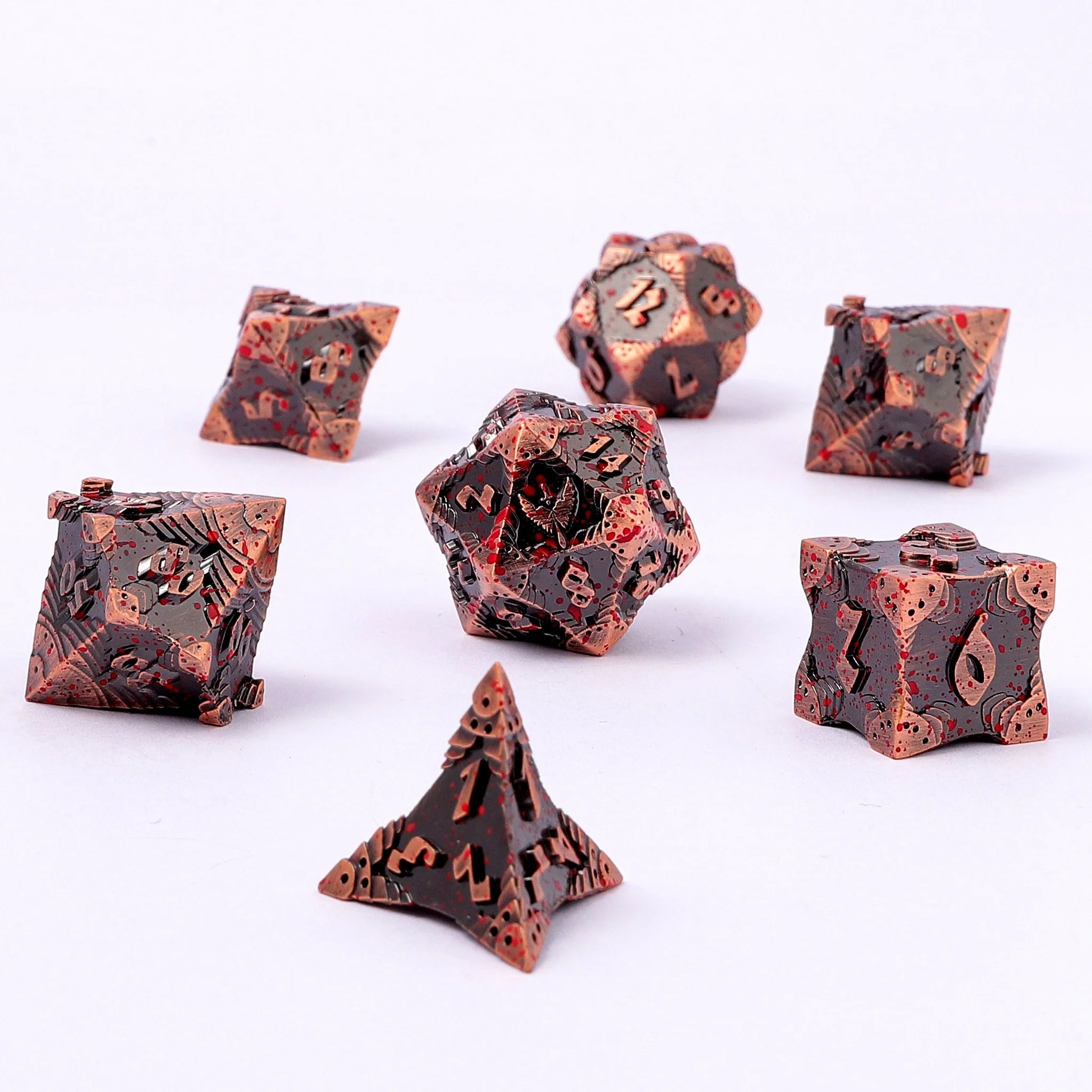 HYMGHO - Solid Metal Paladin Class RPG Dice Set - Ancient Copper w/ Blood Splatter | Odin's Place