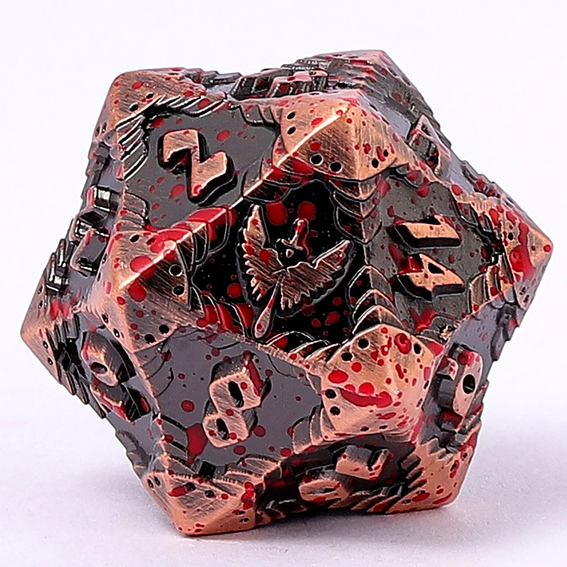 HYMGHO - Solid Metal Paladin Class RPG Dice Set - Ancient Copper w/ Blood Splatter | Odin's Place