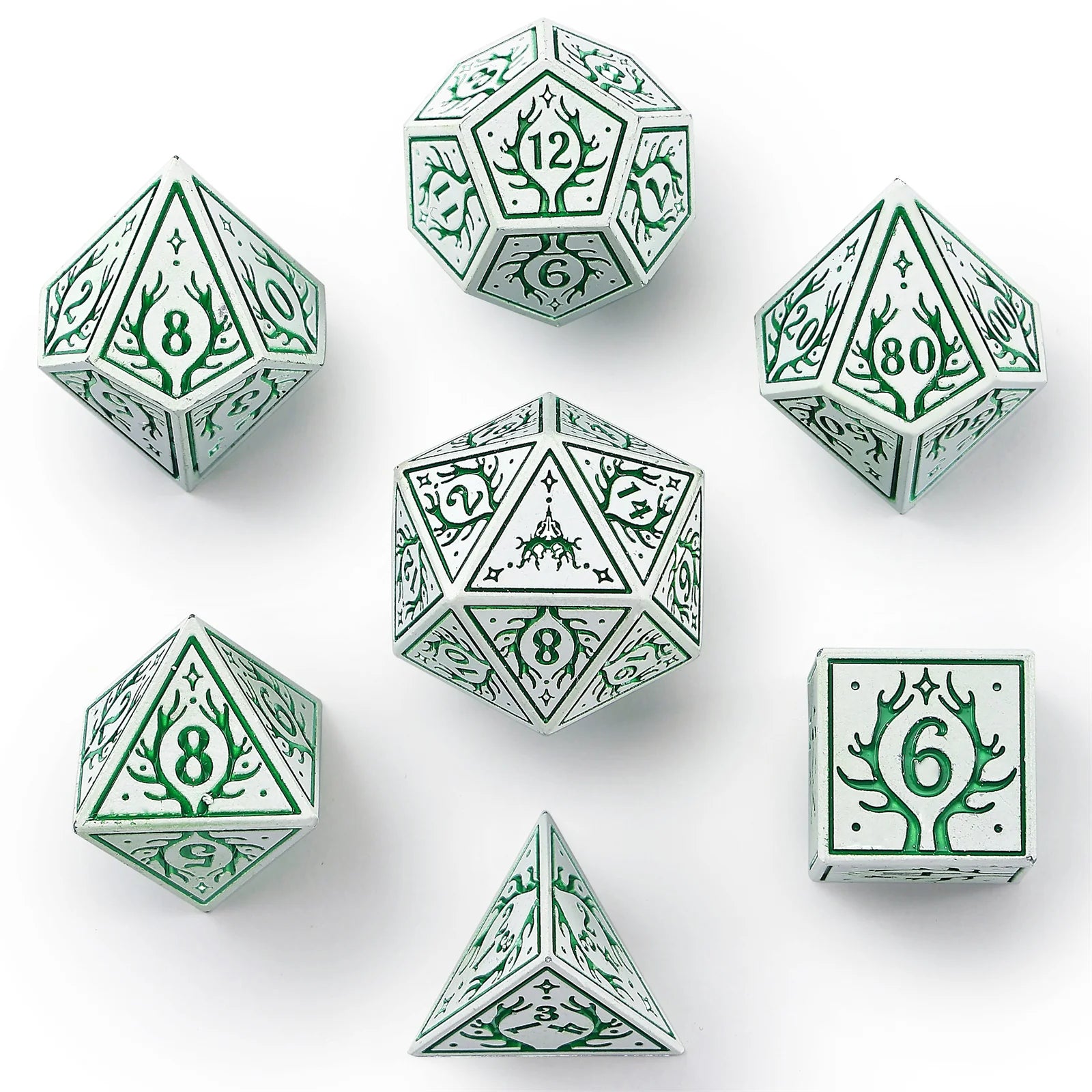 HYMGHO - Solid Metal Druid RPG Dice Set - White w/Green | Dragon's Lair Comics and Fantasy Houston TX