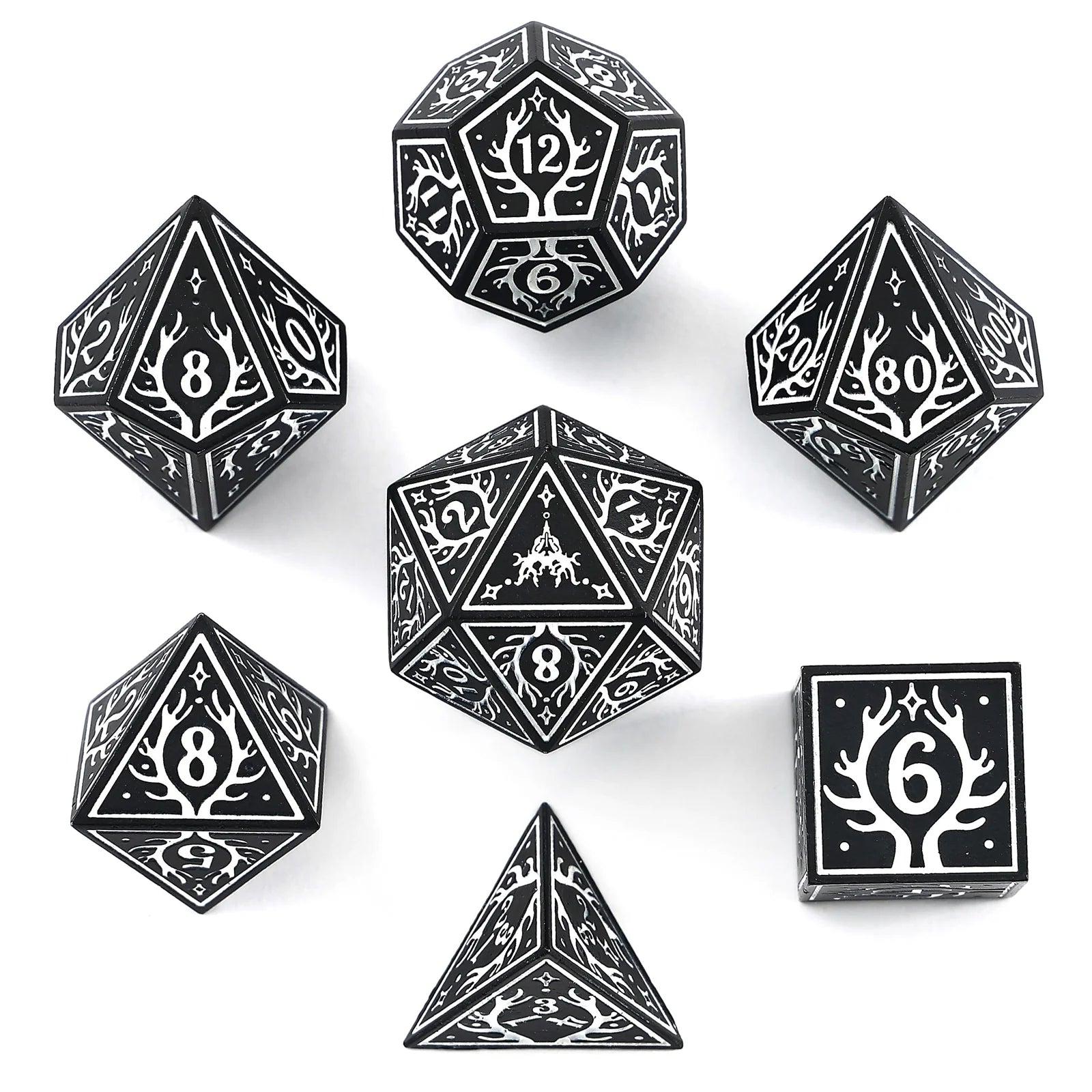 HYMGHO - Solid Metal Druid RPG Dice Set - Black w/White | Dragon's Lair Comics and Fantasy Houston TX