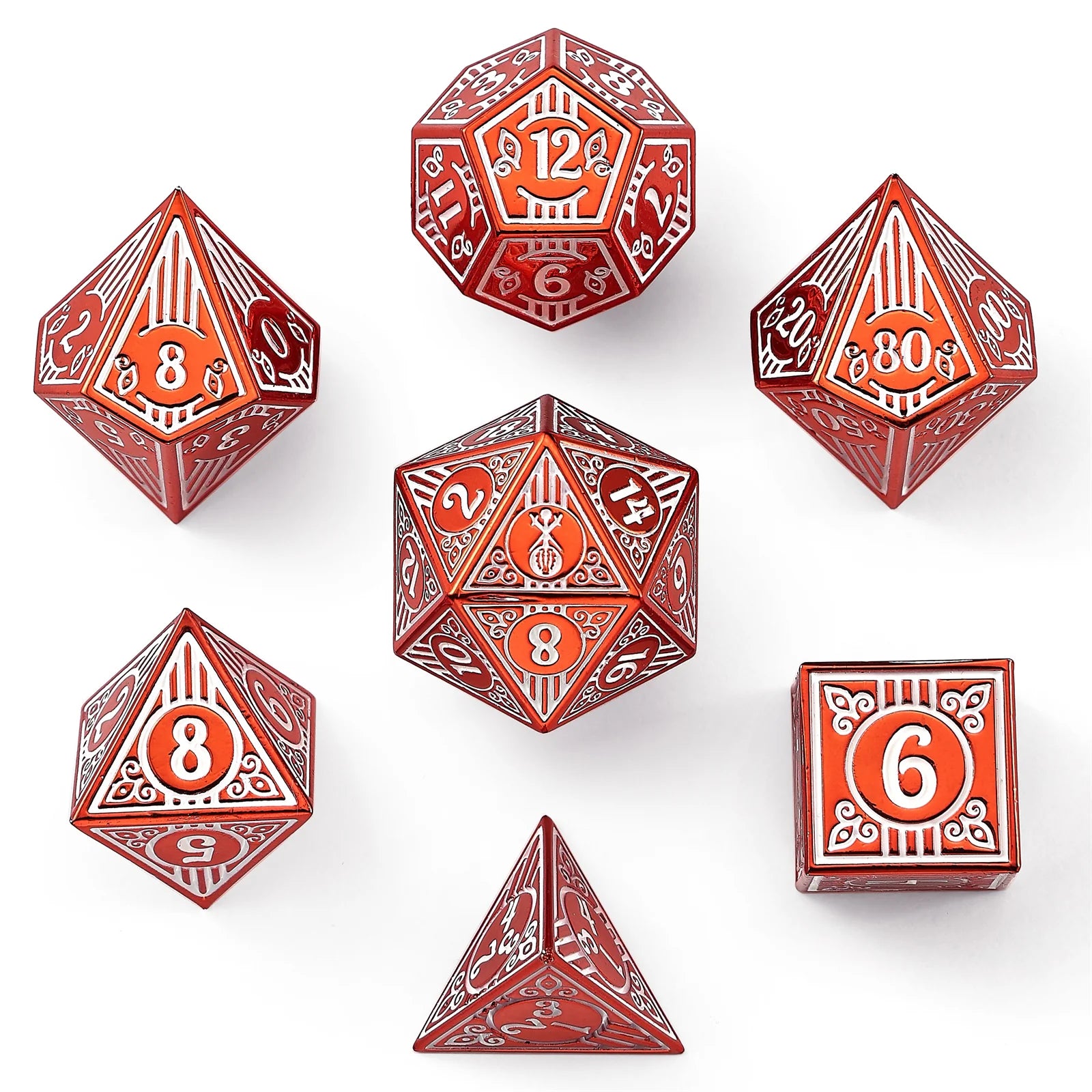 HYMGHO - Solid Metal Bard RPG Dice Set - Red w/White | Dragon's Lair Comics and Fantasy Houston TX