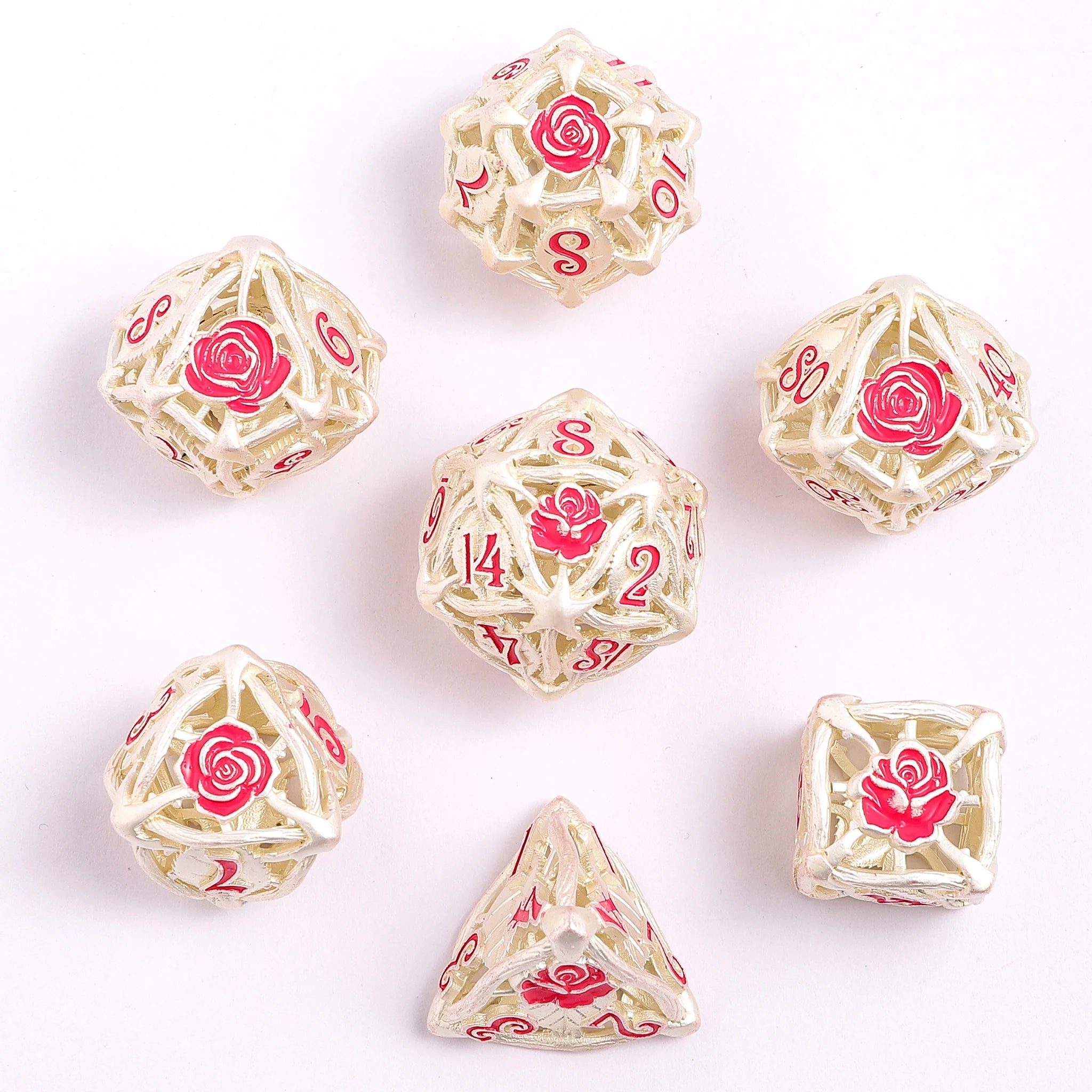 HYMGHO - Hollow Metal Rose Dice Set - Matt Silver w/Pink | Dragon's Lair Comics and Fantasy Houston TX