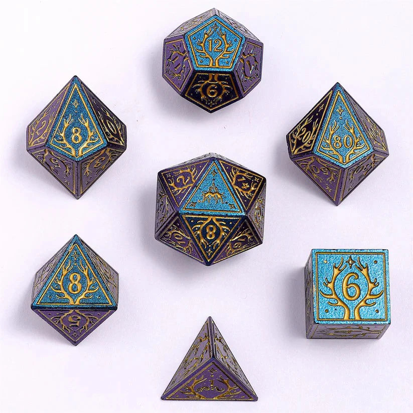 HYMGHO - Solid Metal Druid RPG Dice Set - Glitter Blue w/Gold | Odin's Place